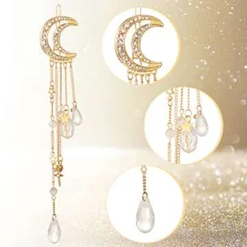6 Pcs Crystal Rhinestone Dangle Hairpins with Moon, Star, and Tassel Charms - Hair Accessories, Barrettes, Hair Clips with Crystal Beads for Women, Girls, Bridal in Silver, Gold, Rose Gold
