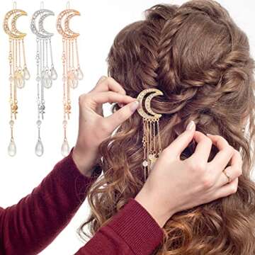 6 Pcs Crystal Rhinestone Dangle Hairpins with Moon, Star, and Tassel Charms - Hair Accessories, Barrettes, Hair Clips with Crystal Beads for Women, Girls, Bridal in Silver, Gold, Rose Gold