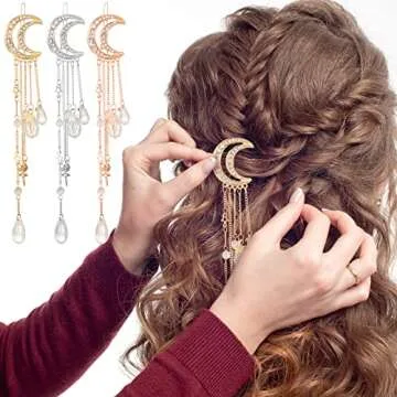 6 Pcs Crystal Rhinestone Dangle Hairpins with Moon, Star, and Tassel Charms - Hair Accessories, Barrettes, Hair Clips with Crystal Beads for Women, Girls, Bridal in Silver, Gold, Rose Gold