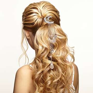 6 Pcs Crystal Rhinestone Dangle Hairpins with Moon, Star, and Tassel Charms - Hair Accessories, Barrettes, Hair Clips with Crystal Beads for Women, Girls, Bridal in Silver, Gold, Rose Gold