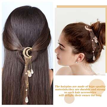 6 Pcs Crystal Rhinestone Dangle Hairpins with Moon, Star, and Tassel Charms - Hair Accessories, Barrettes, Hair Clips with Crystal Beads for Women, Girls, Bridal in Silver, Gold, Rose Gold