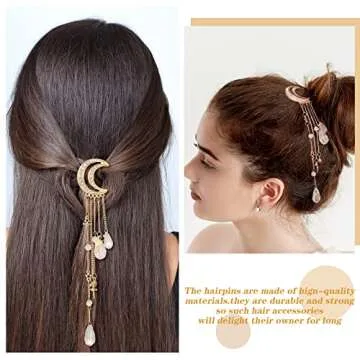 6 Pcs Crystal Rhinestone Dangle Hairpins with Moon, Star, and Tassel Charms - Hair Accessories, Barrettes, Hair Clips with Crystal Beads for Women, Girls, Bridal in Silver, Gold, Rose Gold