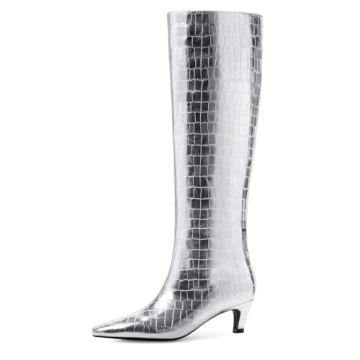 Modatope Silver Boots for Women Square Toe Low Kitten Heel Fashion Knee High Boots Size 7.5
