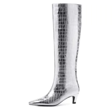 Modatope Silver Boots for Women Square Toe Low Kitten Heel Fashion Knee High Boots Size 7.5