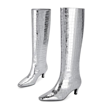 Modatope Silver Boots for Women Square Toe Low Kitten Heel Fashion Knee High Boots Size 7.5