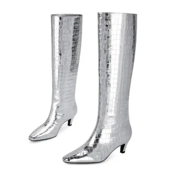 Modatope Silver Boots for Women Square Toe Low Kitten Heel Fashion Knee High Boots Size 7.5