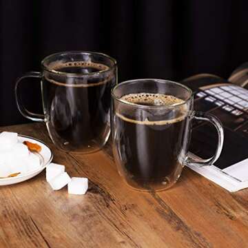 AMEDY'S Set Of 4 Insulated Double Wall Glasses With Handles – Durable 12 Oz (350 ml) Tea Cups | Latte Glasses | Double Wall Coffee Cups | Double Walled Coffee Mugs | Double Wall Glass Coffee Mugs