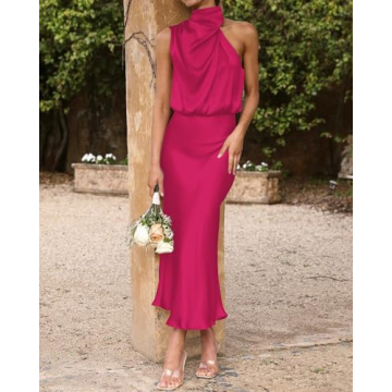 BTFBM Women's Silky Satin Mock Neck Evening Dress