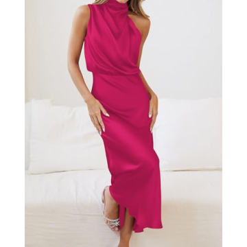 BTFBM Women's Silky Satin Mock Neck Evening Dress