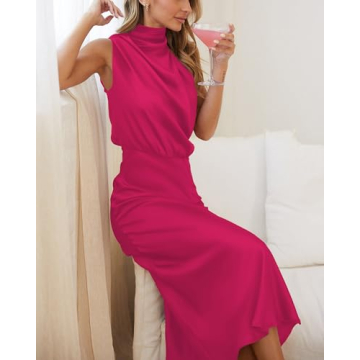 BTFBM Women's Silky Satin Mock Neck Evening Dress
