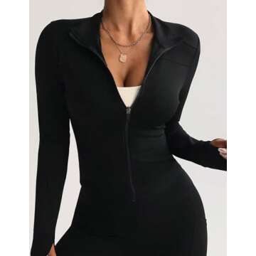 Women's Slim Fit Long Sleeve Zip Up Jacket for Yoga and Fitness - Comfortable Sportswear Top in Blac...