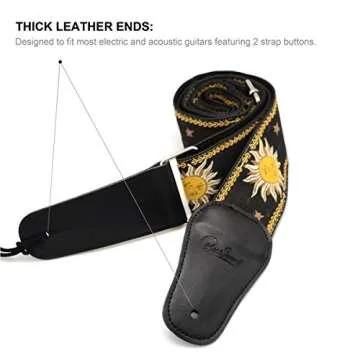 BestSounds C-150 Leather Adjustable Guitar Strap, Sun Jacquard Weave For Bass Electric and Acoustic Guitars, Black