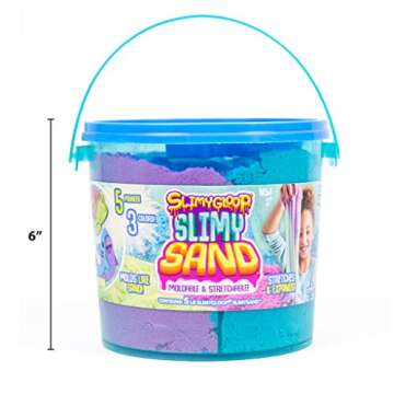 SLIMYSAND Bucket - 5 Pounds of Slimy Sand in 3 Colors (Blue, Green, Purple) - Cotton Candy Sand Play Set with 3 Molds and Reusable Bucket for Storage - Super Stretchy & Moldable Cloud Slime