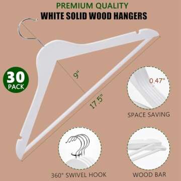 Amber Home 30 Pack White Wooden Hangers, White Wood Coat Hangers with Non Slip Pant Bar, Clothes Han...