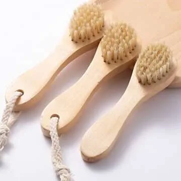 HiKin 2 Pack Wood Handle Manual Face Facial Cleansing Brush, 5.7” Natural Boar Bristles Skin Care Exfoliating Scrub Brush.