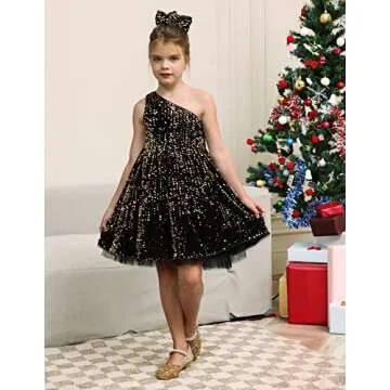 GRACE KARIN Girls Sequin Dress One Shoulder Flower Girl Dress Wedding Party Gown Black Gold 10Y