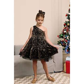 GRACE KARIN Girls Sequin Dress One Shoulder Flower Girl Dress Wedding Party Gown Black Gold 10Y