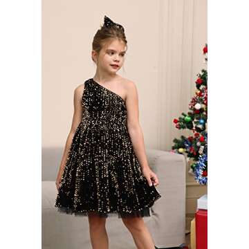 GRACE KARIN Girls Sequin Dress One Shoulder Flower Girl Dress Wedding Party Gown Black Gold 10Y