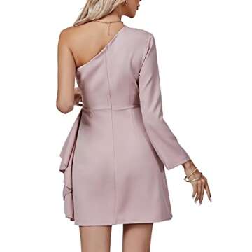 LYANER Women's One Shoulder 3/4 Sleeve Ruched Wrap Front Bodycon Cocktail Mini Dress Pink# Medium