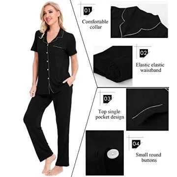 SWOMOG Women Pajama Sets Two-Piece Nightwear Short Sleeve Sleepwear Button Down Pj Lounge Sets with Long Pants Black