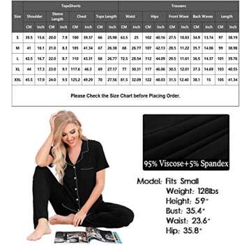 SWOMOG Women Pajama Sets Two-Piece Nightwear Short Sleeve Sleepwear Button Down Pj Lounge Sets with Long Pants Black