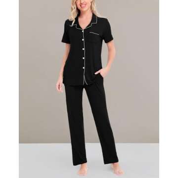 SWOMOG Women Pajama Sets Two-Piece Nightwear Short Sleeve Sleepwear Button Down Pj Lounge Sets with Long Pants Black
