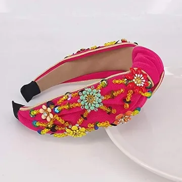 QTMY Rhinestone Crystal Wide Headbands Knot Turban Fashion Vintage Hairband Elastic Hair Hoops Hair Accessories for Women Girls (Red)