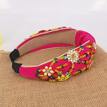 QTMY Rhinestone Crystal Wide Headbands Knot Turban Fashion Vintage Hairband Elastic Hair Hoops Hair Accessories for Women Girls (Red)