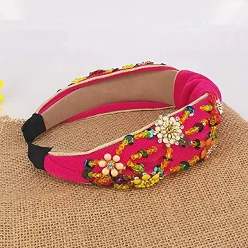 QTMY Rhinestone Crystal Wide Headbands Knot Turban Fashion Vintage Hairband Elastic Hair Hoops Hair Accessories for Women Girls (Red)