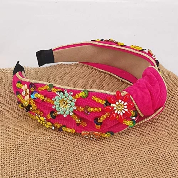 QTMY Rhinestone Crystal Wide Headbands Knot Turban Fashion Vintage Hairband Elastic Hair Hoops Hair Accessories for Women Girls (Red)