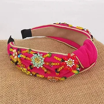 QTMY Rhinestone Crystal Wide Headbands Knot Turban Fashion Vintage Hairband Elastic Hair Hoops Hair Accessories for Women Girls (Red)