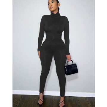 BORIFLORS Long Sleeve Jumpsuit for Women Sexy Turtleneck One Piece Bodycon Rompers Clubwear