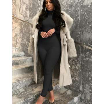BORIFLORS Long Sleeve Jumpsuit for Women Sexy Turtleneck One Piece Bodycon Rompers Clubwear