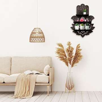 Hamsa Wall Decor Lotus Crystal Shelf Display for Evil Eye Decor Large 17'' Hamsa Hand Boho Wooden Hanging Crystal Holder Shelf Decor Aesthetic Zen Meditation Spiritual Gift Witch Yoga Decor (Black)