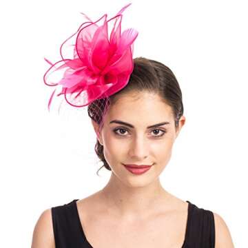 SAFERIN Fascinator for Women Hair Clip Hat Bowler Feather Flower Veil Wedding Party Hat Tea Hat（TA2-Fuchsia）