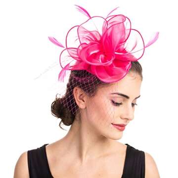 SAFERIN Fascinator for Women Hair Clip Hat Bowler Feather Flower Veil Wedding Party Hat Tea Hat（TA2-Fuchsia）
