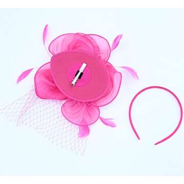 SAFERIN Fascinator for Women Hair Clip Hat Bowler Feather Flower Veil Wedding Party Hat Tea Hat（TA2-Fuchsia）