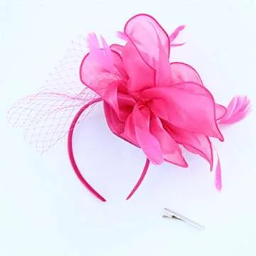 SAFERIN Fascinator for Women Hair Clip Hat Bowler Feather Flower Veil Wedding Party Hat Tea Hat（TA2-Fuchsia）