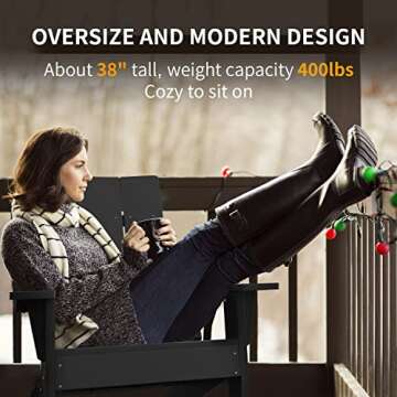 MXIMU Modern Adirondack Chairs Set of 2 Weather Resistant with Cup Holder Oversize Plastic Fire Pit Chairs Adorondic Plastic Outdoor Chairs for Firepit Area Seating (Black)