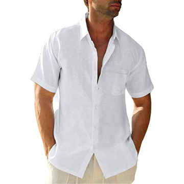 JEKAOYI Mens Casual Linen Cotton Button Down Short Sleeve Shirts Summer Solid Plain Beach Shirts wit...