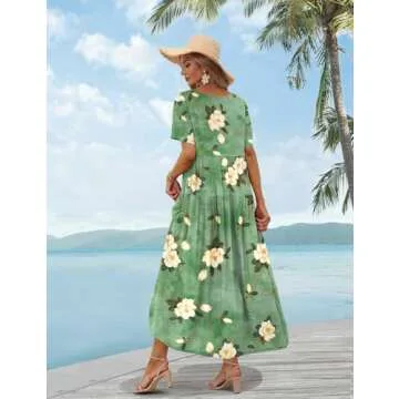 YESNO Women Casual Loose Bohemian Floral Dress with Pockets Short Sleeve Long Maxi Summer Beach Swing Dress 2XL EJF CR19