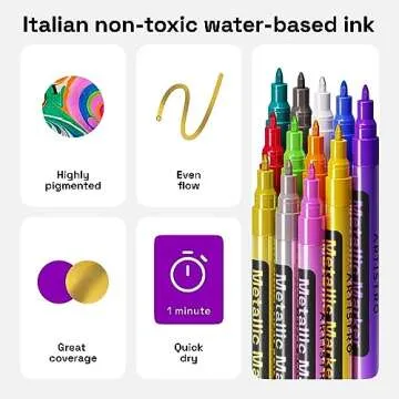 ARTISTRO Metallic Paint Pens for Rock Painting, Stone, Ceramic, Glass, Wood, Fabric, Pebbles, Scrapbook Journals, Photo Albums, Card Stocks. Set of 12 Acrylic Paint Markers Extra-Fine Tip 0.7mm