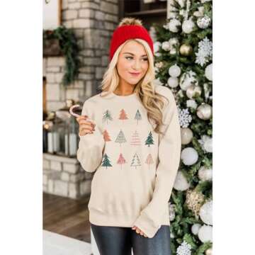 SOFEON Christmas Tree Sweatshirts Women Cute Pine Graphic Long Sleeve Crewneck Shirts Holiday Pullover Oversized Top Sweater