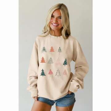 SOFEON Christmas Tree Sweatshirts Women Cute Pine Graphic Long Sleeve Crewneck Shirts Holiday Pullover Oversized Top Sweater