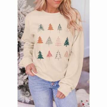 SOFEON Christmas Tree Sweatshirts Women Cute Pine Graphic Long Sleeve Crewneck Shirts Holiday Pullover Oversized Top Sweater