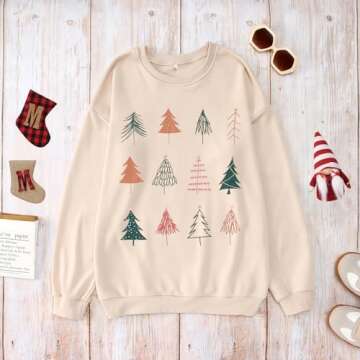 SOFEON Christmas Tree Sweatshirts Women Cute Pine Graphic Long Sleeve Crewneck Shirts Holiday Pullover Oversized Top Sweater