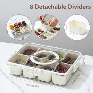 Divided Serving Tray with Lid and Handle - Snackle Box Charcuterie Container for Portable Snack Plat...