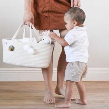 fephas Baby Diaper Caddy Organizer- Off White Rope Nursery Storage Bin- Portable Diaper Storage Basket for Changing Table and Car- Perfect Baby Shower & Registry Gift