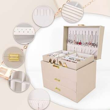 Dajasan Jewelry Organizer Box, Jewelry Holder Organizer Box, PU Leather Jewelry Box, Gift Idea for Valentine's Day, Birthday, Mother's Day, Christmas (Champagne)