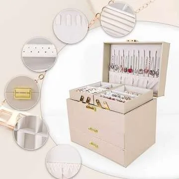 Dajasan Jewelry Organizer Box, Jewelry Holder Organizer Box, PU Leather Jewelry Box, Gift Idea for Valentine's Day, Birthday, Mother's Day, Christmas (Champagne)